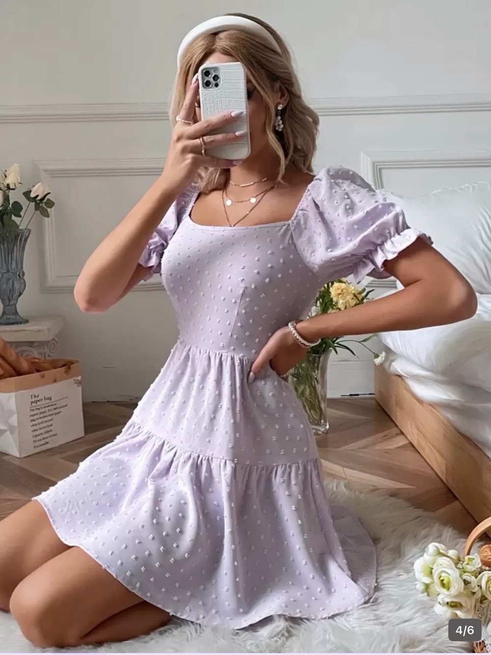 SHEIN Lilac Puff-Sleeve Swiss Dot Mini Dress